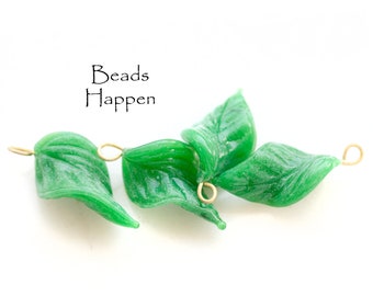24mm Pressed and Twisted Glass Leaf Leaves with Embedded Wire Loop, Green Glass Charms, Quantity 4