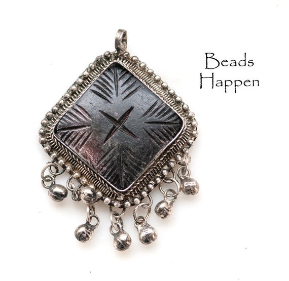 45mm Carved Bone Pendant, One Loop, Silver Dangles, Diamond-Shaped Pendant with X, Tribal Pendant, Quantity 1