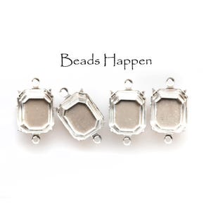 12x10mm Bright Sterling Silver Plated Octagon Settings with Closed Backs and Two Rings Loops, Quantity 4