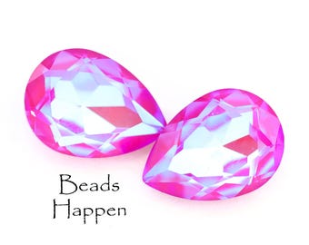 18x13mm Pear Cheery Rich Pink Opal AB Glass Pears, Faceted Tops, Painted Point Backs, 18x13 Pears, Quantity 2