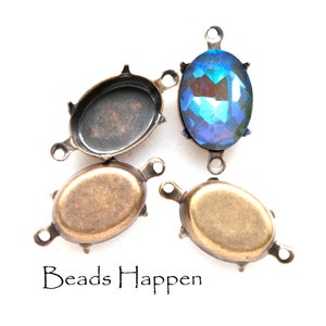 14x10mm Antiqued Brass Oval Settings with Closed Backs and Two 2 Rings Loops, Quantity 4