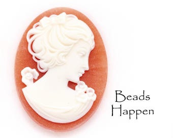 Vintage 40x30mm Oval Cameo Cabochon, Western Germany, Coral Resin Base, Raised Opaque Cream Woman Cameos 40x30 Ovals, Quantity 1