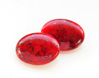 Sensational VINTAGE 18x13mm Oval Red Glass Stone Stones with Granite and Metallic Marbling Matrix, Vintage 18x13 Red Glass, Quantity 2