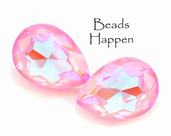 18x13mm Pear Cheery Bright Pink Opal AB Glass Pears, Faceted Tops, Painted Point Backs, 18x13 Pears, Quantity 2