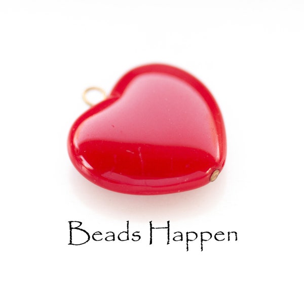 20mm Glass Red Heart Bead Dangle Pendant, Red Hearts, Cherry Red, Puff, Puffy, Quantity 1