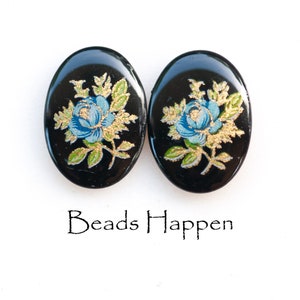 Vintage Japanese Blue Floral Rosebud Flowers with Gold Leaf Detailing on Black Porcelain Glass, 18x13mm Oval Cabochons, Quantity 2