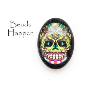 25x18mm Ovale Groene Ghoul Dag van de Dode Schedel Cabochon, Schedels, Dia de Muertos, 25x18, Skelet, Skeletten, Harten, Hoeveelheid 1