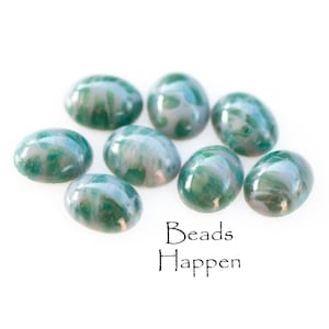 VINTAGE 10x8mm Oval Marbled Green and Gray Glass Cabochons, Opaque Cabs, 10x8, 8x10, Jade Green Cabochons, Flat Backs, Quantity 8