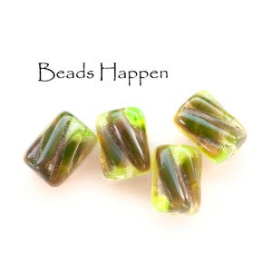 May include: Four green and brown glass beads with a swirl pattern. The beads are rectangular in shape and have a glossy finish.
