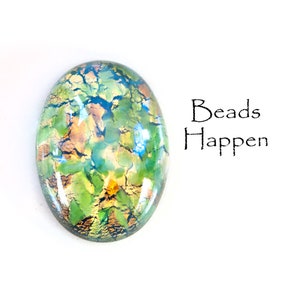 25x18mm STRIKING Green Opal Oval Lampwork Glass  Cabochons Cabs, 25x18 ovals, Green Orange Gold Foil Opal ovals, Quantity 1