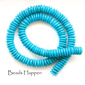 10mm Turquoise Blue Wood Heishi Beads, Flat Disk Beads with Center Hole, Great for Stacking, Quantity: one 15-16-inch strand