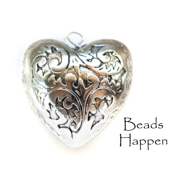Large 41mm (1.6") Puffy Heart Pendant, Antiqued Silver Puffy Heart, 23mm Thick, Plasticized Metal, Two Sided, 2 Sided, Quantity 1