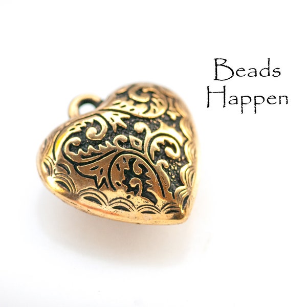 24mm (1-inch) Puffy Heart Pendant, Antiqued Gold, Puff, Scrolls Motif, Plasticized Metal, Two Sided, 2 Sided, Quantity 1