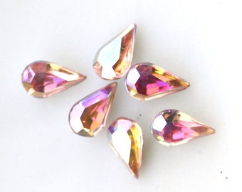 Vintage 13x7.8mm Light Rose AB Pear Teardrop Foiled Glass Joyas Piedras Gemas de Alemania Occidental, Cantidad 6