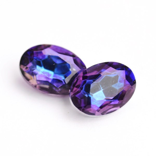 14x10mm freaky WEIRD Oval Blue Purple Bermuda Blue Glass Jewels Stones Gems, 14x10 Ovals, Foiled Backs, Quantity 2