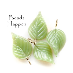 24mm Pressed and Twisted Glass Leaf Leaves with Embedded Wire Loop, Green Opal Glass Charms, Quantity 4