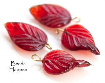 24mm Red Pressed Glass Leaves Leaf Dangles with Embedded Brass Wire Loop, Leaf Dangles, Twisted, Quantity 4