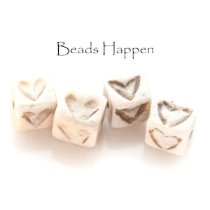 Vintage 10mm Cube Hand-Carved Bone Beads, Stained, Hearts, Heart, Hand Carved Heart Bead, Cubes, Quantity 4
