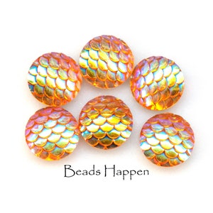 12mm Round Shimmering Topaz AB Fish Scales Cabochons Cabs, Nautical, Mermaid Fishscales, Resin, Flat Backs, Shimmer Cabs, Quantity 6