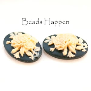 18x13mm Oval Floral Flower Cameo Cabochons Cabs, Jet Black Base, Raised Ivory Cream 3D Flowers, Resin, 18x13 Ovals, Quantity 2