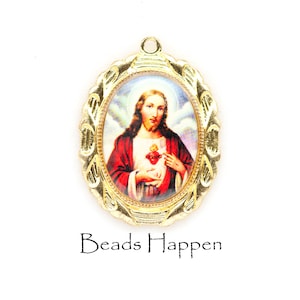 28x23mm Sacred Heart of Jesus Shield Oval Medal, Oval Image, Gold Color with Loop, Religious Catholic Pendant, Quantity 1