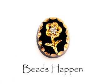 Vintage 10x8mm Oval Floral Jet Black Glass Cabochon, Gold Flower with Crystal Inset, Scalloped Edges, Quantity 1