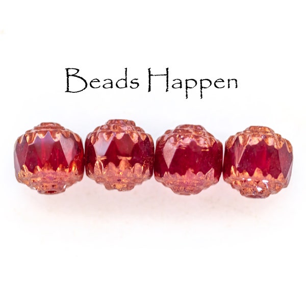 8mm Cathedral Crown Light Garnet Red Glass Beads, Gold Metallic Coated Ends, 8x8mm Picasso Faceted Window Beads Bead, Quantity 4