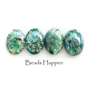 Set of 4! Vintage 18x13mm Green Opal Oval Glass Cabochons Cabs, Czechoslovakia, Silver Foil Lampwork, Flat Backs, Quantity 4 (Set #1)