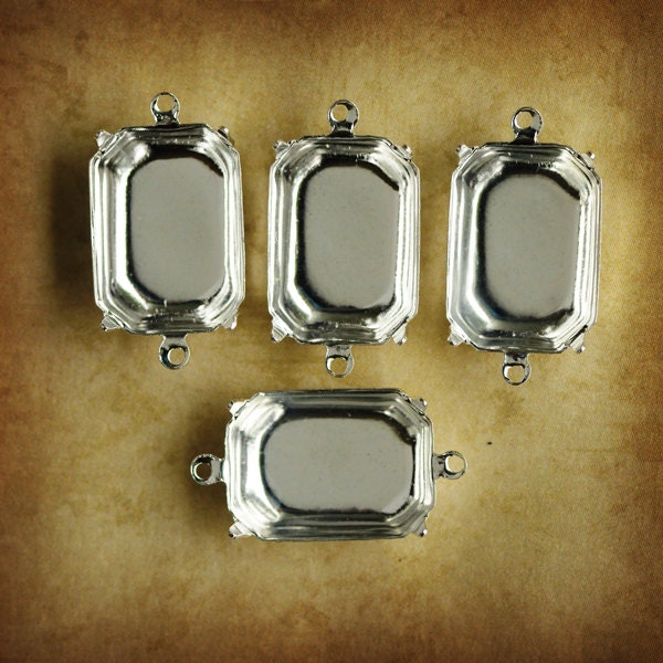 18x13mm Octagon Sterling Silver Plated Settings, Closed Backs, Two Rings/Loops, 18x13 octagons, Quantity 4