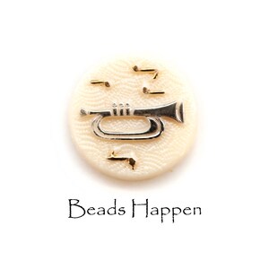 18mm Vintage Round Glass Cabochon, Beige Impressed Intaglio Musical Pattern w/ Trumpet and Musical Notes, Flat Back, Quantity 1