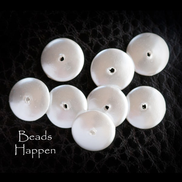 12mm Pearlized Saucer Satellite Beads, Vintage from Hong Kong, Pearlized Resin Beads, White Beads, 4mm Thick, Quantity 8