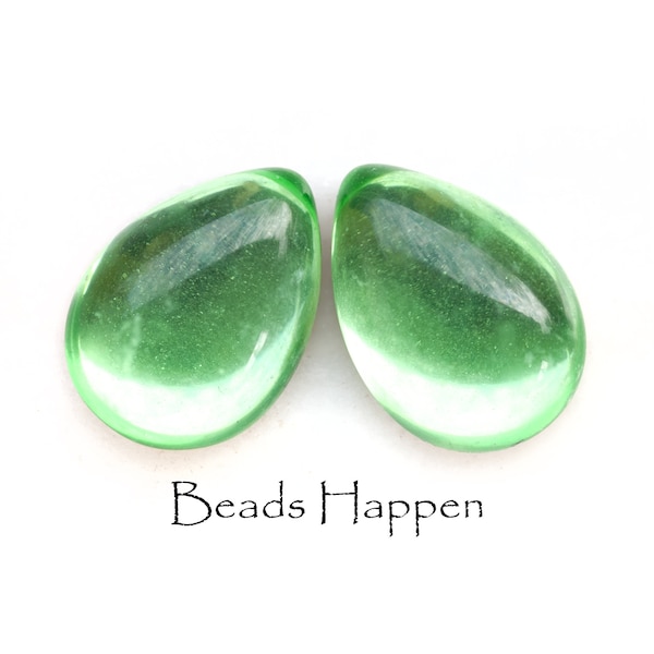 18x13mm Vintage Peridot Green Glass Pear Cabochons with Smooth Tops and Flat Backs, from Western Germany, Quantity 2