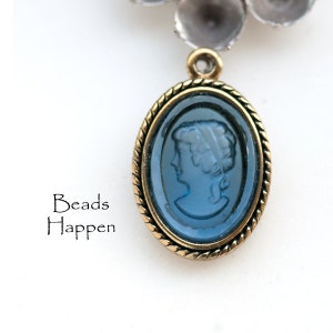 18x13mm Oval Translucent Blue Cameo Pendant with Antiqued Gold Setting with One Loop, Quantity 1