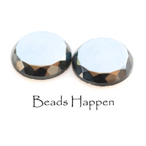 13mm Round VINTAGE Hematite Glass Cabochon Cabochons, Cab Cabs, Smooth Tops, Flat Back, Gray, Mirrored, Czechoslovakia, Quantity 2