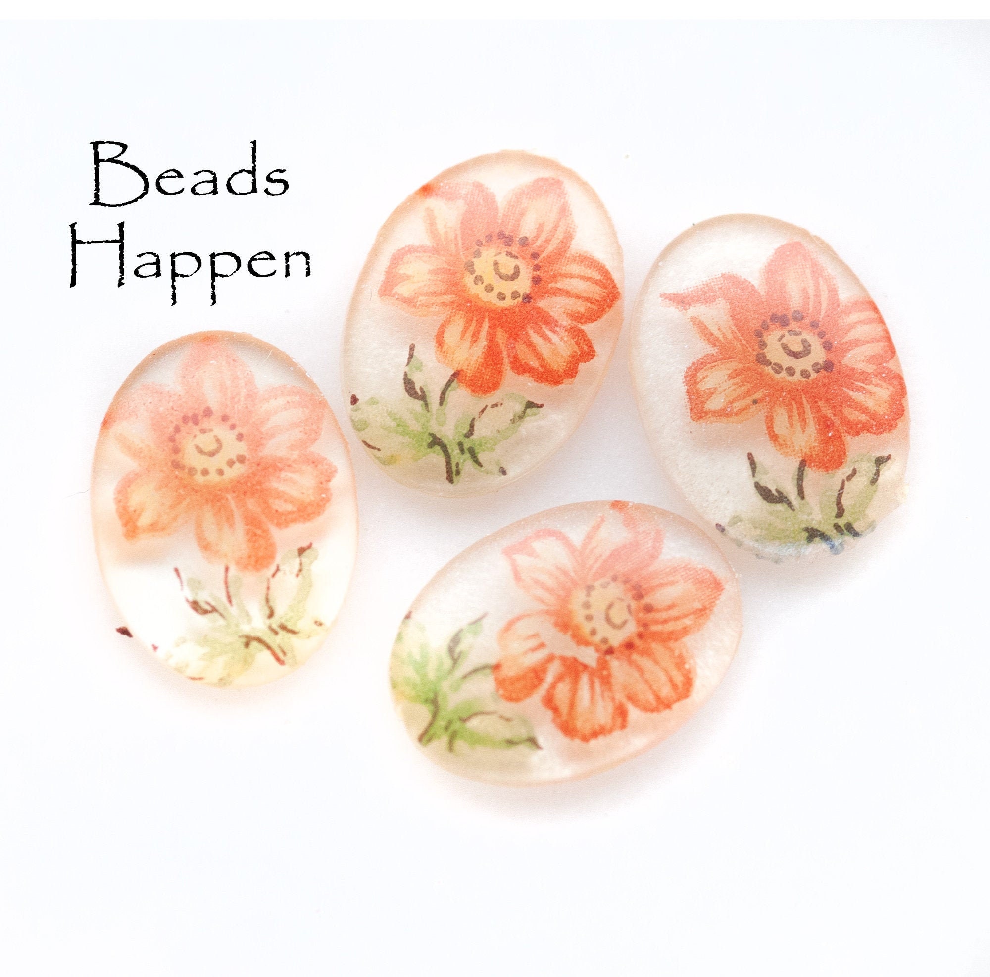 LIMITED QUANTITY: Vintage 18x13mm Ovals, Red Flowers, Oval Cabochons, Resin, 18x13 Ovals, Flat Backs, Quantity 4