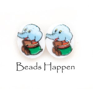 Vintage 10x8mm Óvalos con Elefante Caprichoso, Elefantes Elefantes Azules, Juguetón, Espaldas Planas, Dibujos Animados, Infancia, Cantidad 2
