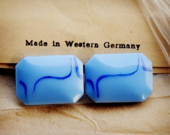 Vintage 18x13mm Octagon Light Sapphire Blue Glass Jewels Stones Gems with Dark Blue Squiggle Design from Western Germany, Quantity 2
