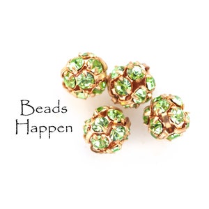 6mm Fireball Crystal Beads with Peridot Green Chatons, Czech Republic, Gold Plating, Crystal Glass Chatons, Quantity 4
