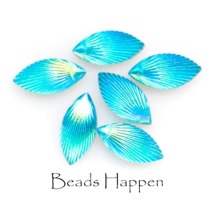Glorious 15x7mm Shimmering Aqua Aquamarine AB Resin Ribbed Art Deco Navettes, Navette, Foiled Flat Backs, Blue, Quantity 6