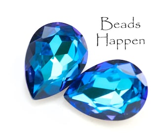 Cabujones de vidrio en forma de pera de color azul de Bermudas de 18 x 13 mm, tapas facetadas, reversos revestidos, peras de 18 x 13, cantidad 2