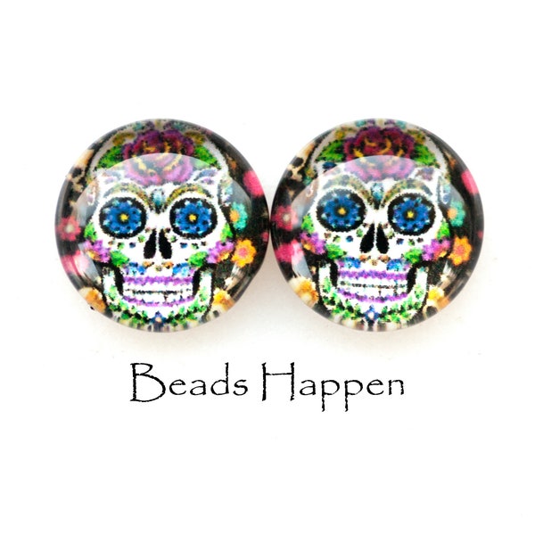 12mm Round Day of the Dead Skull Glass Decal Cabochons, Skulls, 12mm Rounds, Skeleton, Skeletons, Rose Forehead, Quantity 2