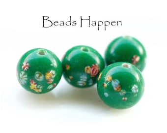Vintage 10 mm groene ronde glaskralen met Millefiori puntjes, begin jaren 60 Japan, Tombo bloemenkralen, hoeveelheid 4