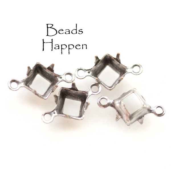 6mm Square Settings with Two 2 Loops Rings, Open Backs, Plated Antiqued Sterling Silver, Quantity 4