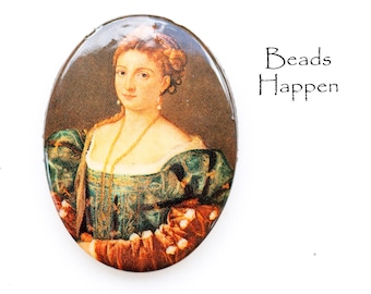 Vintage 40x30mm Titiaan's "La Bella" "Dame in een blauwe jurk" ovale glazen cabochon, Renaissance, 40x30 ovalen, West-Duitsland, hoeveelheid 1