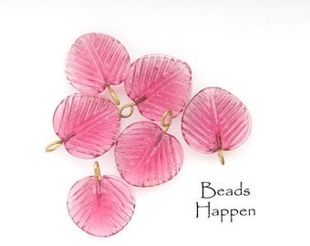 Rose Pink 14mm Pressed Glass Leaf Leaves with Embedded Wire Loop, Leaf Dangles, Leaf Drops, Leaf Pendants, Quantity 6