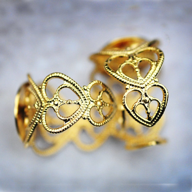 Filagree Ring Pattern Two Gold Plated Filigree Adjustable Ring Blank With Hearts, Blanks Base ...