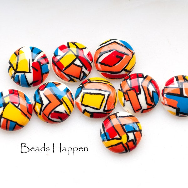 Vintage 18mm Round Boldly Patterned 1970s Era Block Mod Cabochon Cabochons Cab Cabs, Blue Yellow Orange Red Black, Quantity 1