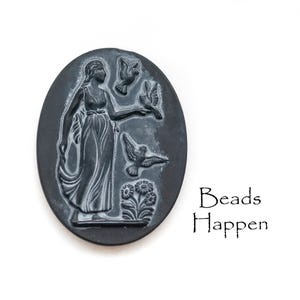 Vintage 40x30mm Oval Cameo with Raised Woman and Birds from Western Germany, Black Glass Base, 40x30 Ovals, 40x30 Oval, Quantity 1
