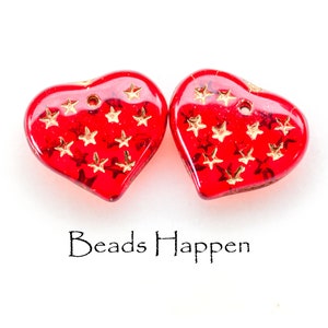 Yummy 14mm Red Pressed Glass Hearts, Impressed Stars Filled with Gold Paint, Pendant Hole, Charms Dangles, Siam, Quantity 2
