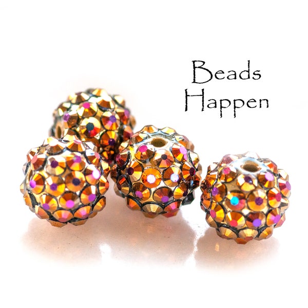 14mm Sparkling Round Topaz Gold AB Bling Ball Beads, Flashy Beads Bead, Lightweight Acrylic Rhinestones in Resin Base, Quantity 4